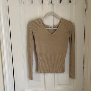 Tan Ribbed V-Neck Sweater